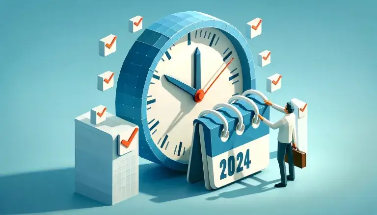 Low poly illustration of a person setting the time on a giant clock/calendar, symbolizing the optimization of email marketing timing in 2024, against a light blue background.