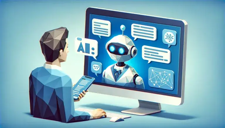 Low poly art image of an individual interacting with a chatbot on a large screen, highlighting the integration of conversational AI into customer service.