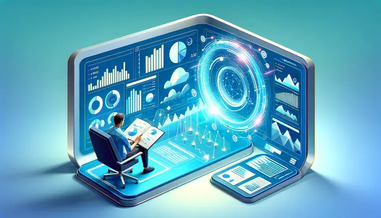 Low poly art representation of a marketer studying PPC metrics on a futuristic display, surrounded by interactive performance graphs and reports, showcasing the analytical depth of digital marketing strategies, against a light blue background.
