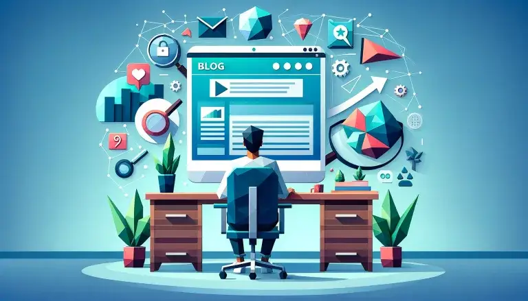 Low poly art of a person at a desk with a computer showing a blog interface, surrounded by symbols of growth and digital marketing.
