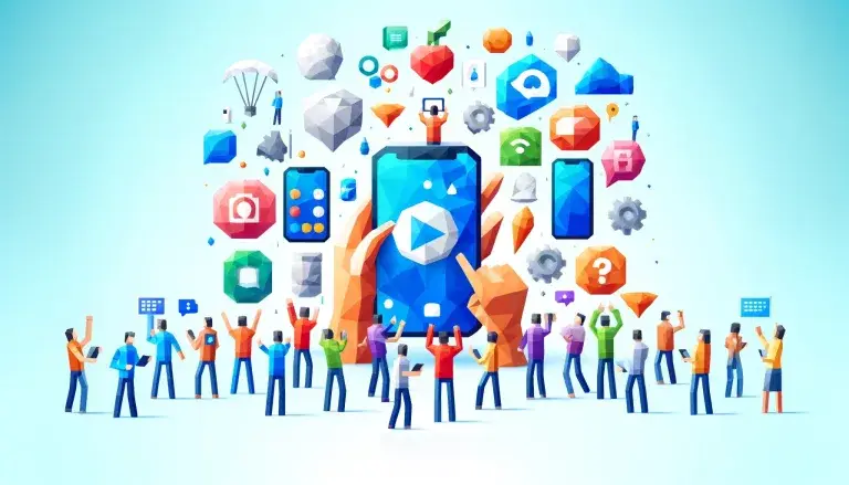 Low poly art of people interacting with various high-tech devices, representing the creation of highly addictive products, set against a light blue background, emphasizing innovation and user engagement.