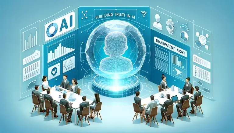 Low poly art of people engaged in a discussion around a transparent holographic AI display showing data and ethical guidelines, symbolizing the push for transparency in AI marketing, set against a light blue background.
