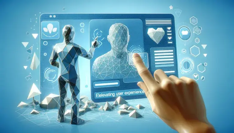 Low poly art of a person interacting with a high-tech interface, symbolizing the elevation of user experience through intuitive and aesthetically pleasing design, set against a light blue background.