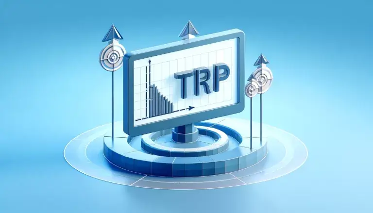 Low poly art showcasing a digital display with a graph and the acronym 'TRP', highlighting the breakdown of the Target Rating Point metric, set against a light blue background.