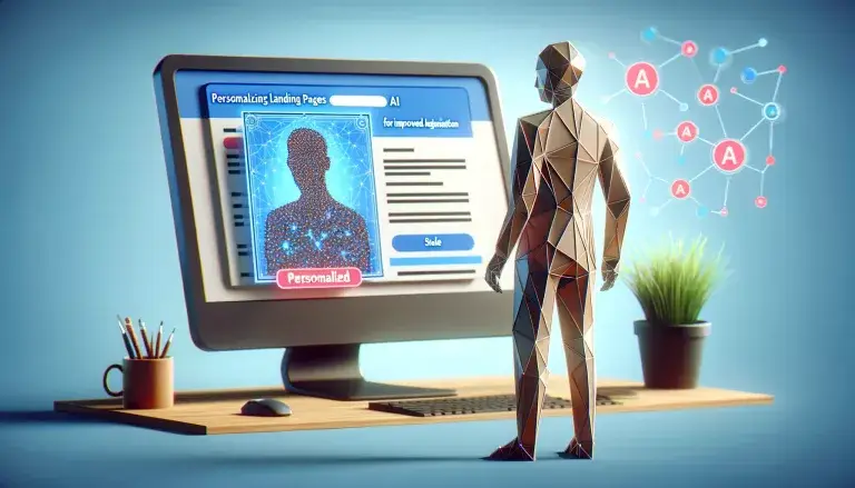 Low poly art of a person viewing a computer screen with a personalized landing page, illustrating the use of AI for improved lead generation, set against a light blue background.