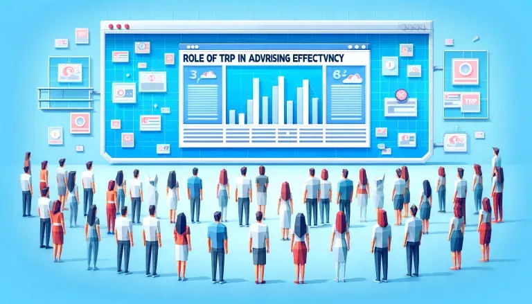 Low poly art featuring multiple people watching a large screen displaying advertisements with TRP scores, highlighting the crucial role of Target Rating Points in measuring advertising effectiveness, set against a light blue background.