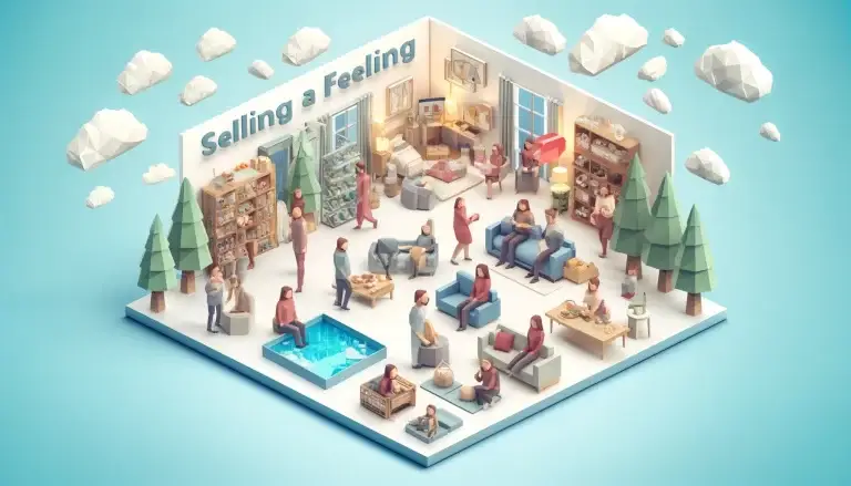 Low poly art of individuals expressing various positive emotions such as happiness and comfort, interacting with products in settings like cozy homes and joyful outdoor scenes, set against a light blue background that symbolizes serenity and positive vibes.