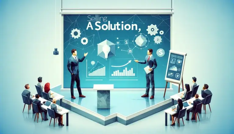 Low poly art of a salesperson and client in a discussion at a modern presentation area, using visual aids like charts on digital displays to demonstrate how a service solves specific challenges, set against a light blue background symbolizing innovation and solution-focus.