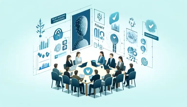 Low poly art of people engaged in a strategic meeting with digital displays illustrating trust-building strategies in AI marketing, including transparency icons and privacy seals, set against a light blue background symbolizing ethical AI practices.