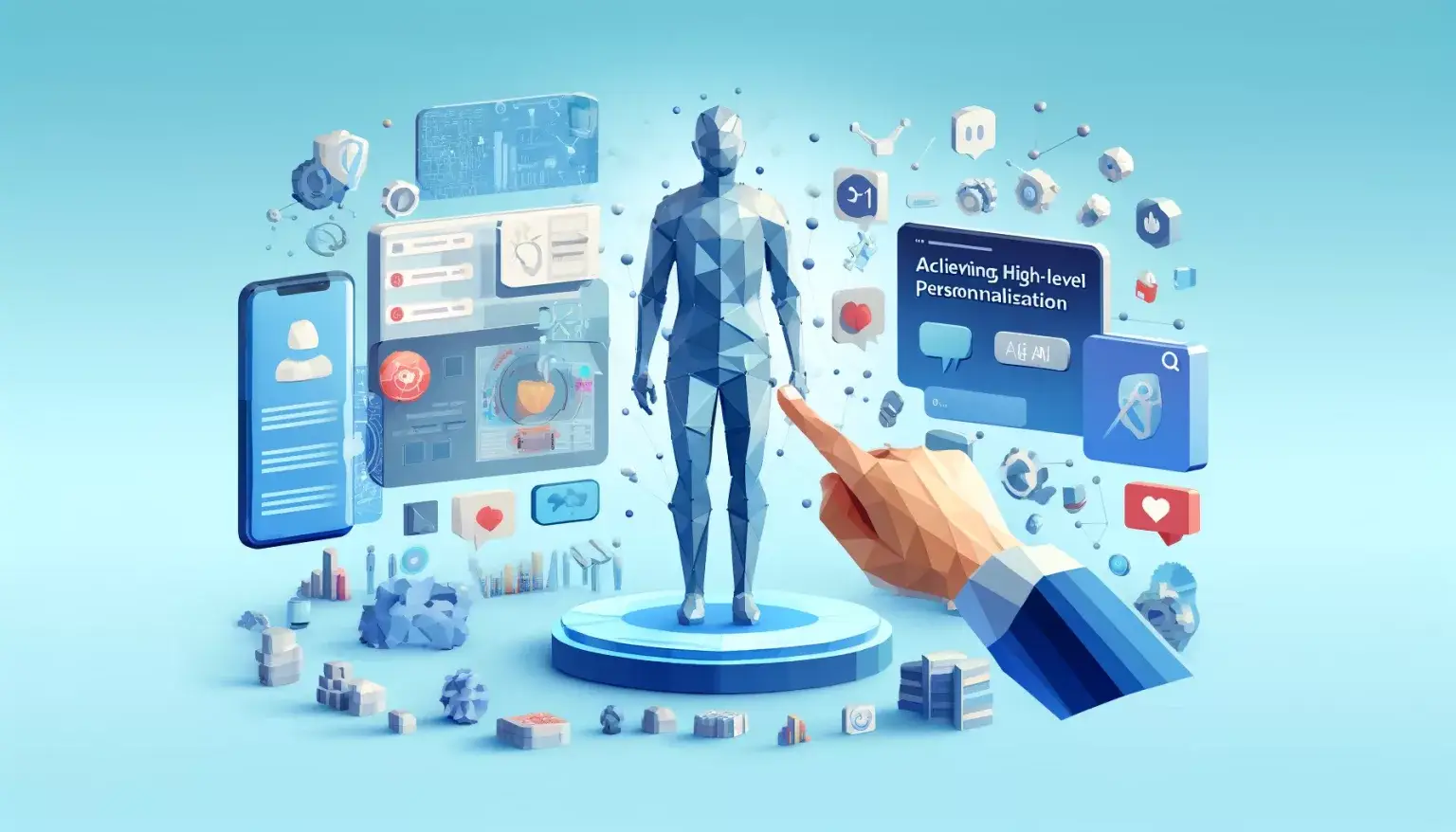 Low poly art of a person interacting with AI-powered devices and interfaces for personalized content, highlighting the role of AI in achieving high-level personalization, set against a light blue background.