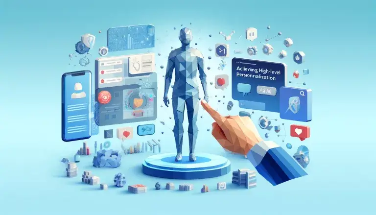 Low poly art of a person interacting with AI-powered devices and interfaces for personalized content, highlighting the role of AI in achieving high-level personalization, set against a light blue background.