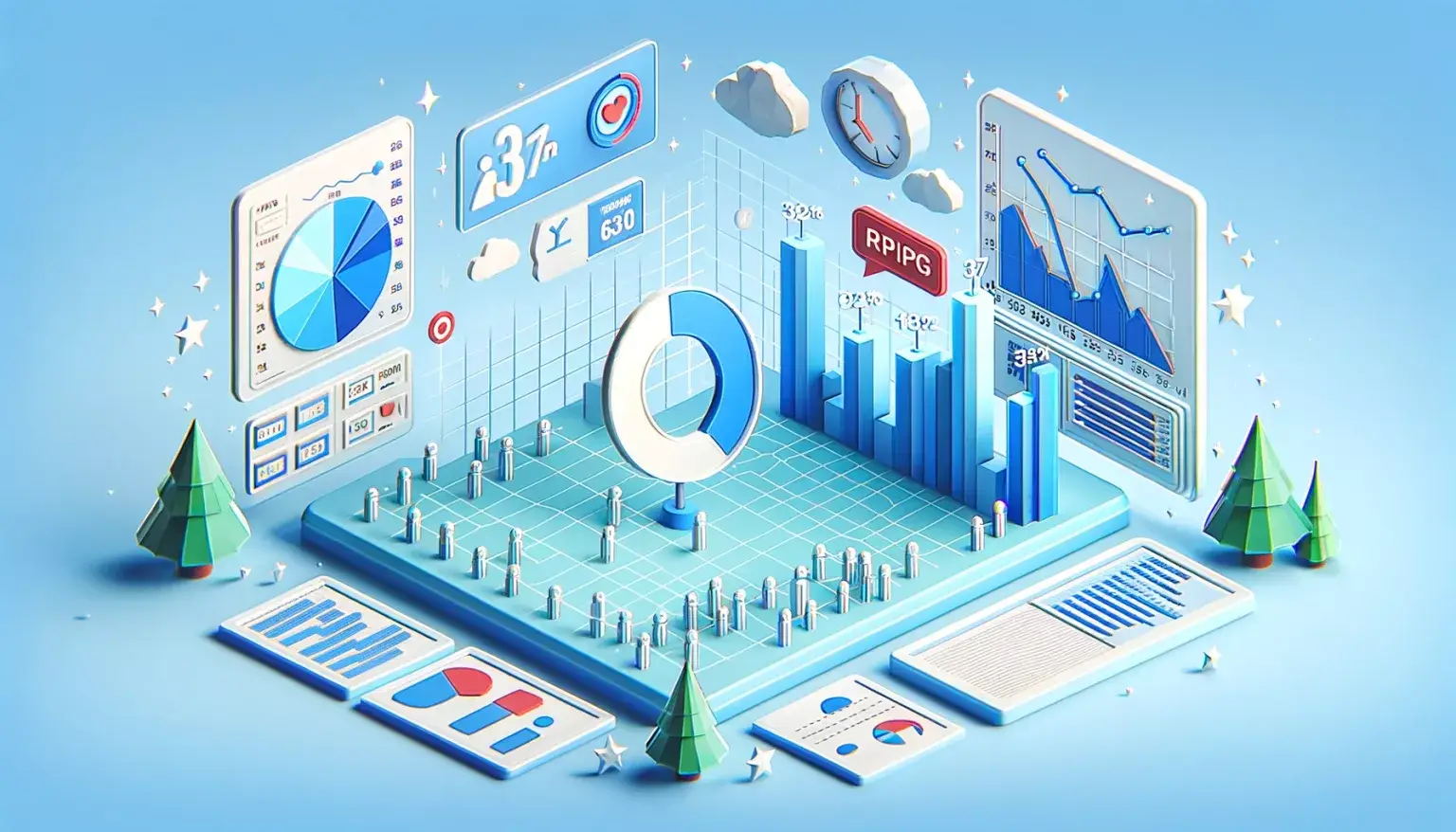 What Is a Target Rating Point (TRP) And How Is It Calculated? Low poly art featuring a digital dashboard with charts and numbers, highlighting the significance of Target Rating Point (TRP) in shaping media planning strategies, set against a light blue background.