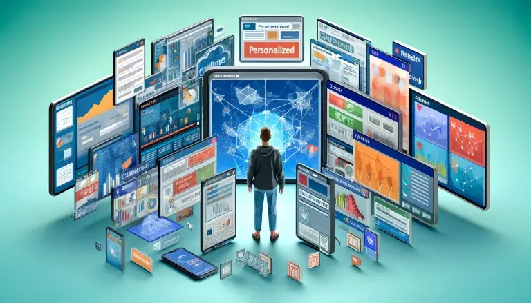 Low poly art image of an individual interacting with digital screens displaying personalized marketing content, illustrating the seamless integration of customized marketing into everyday life.