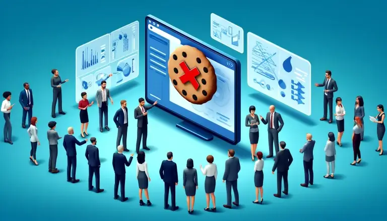 Business professionals gathered around a large screen displaying a third-party cookie with a red 'X', discussing alternatives and strategies for adapting to new cookie policies, set against a light blue background symbolizing clarity and adaptability.