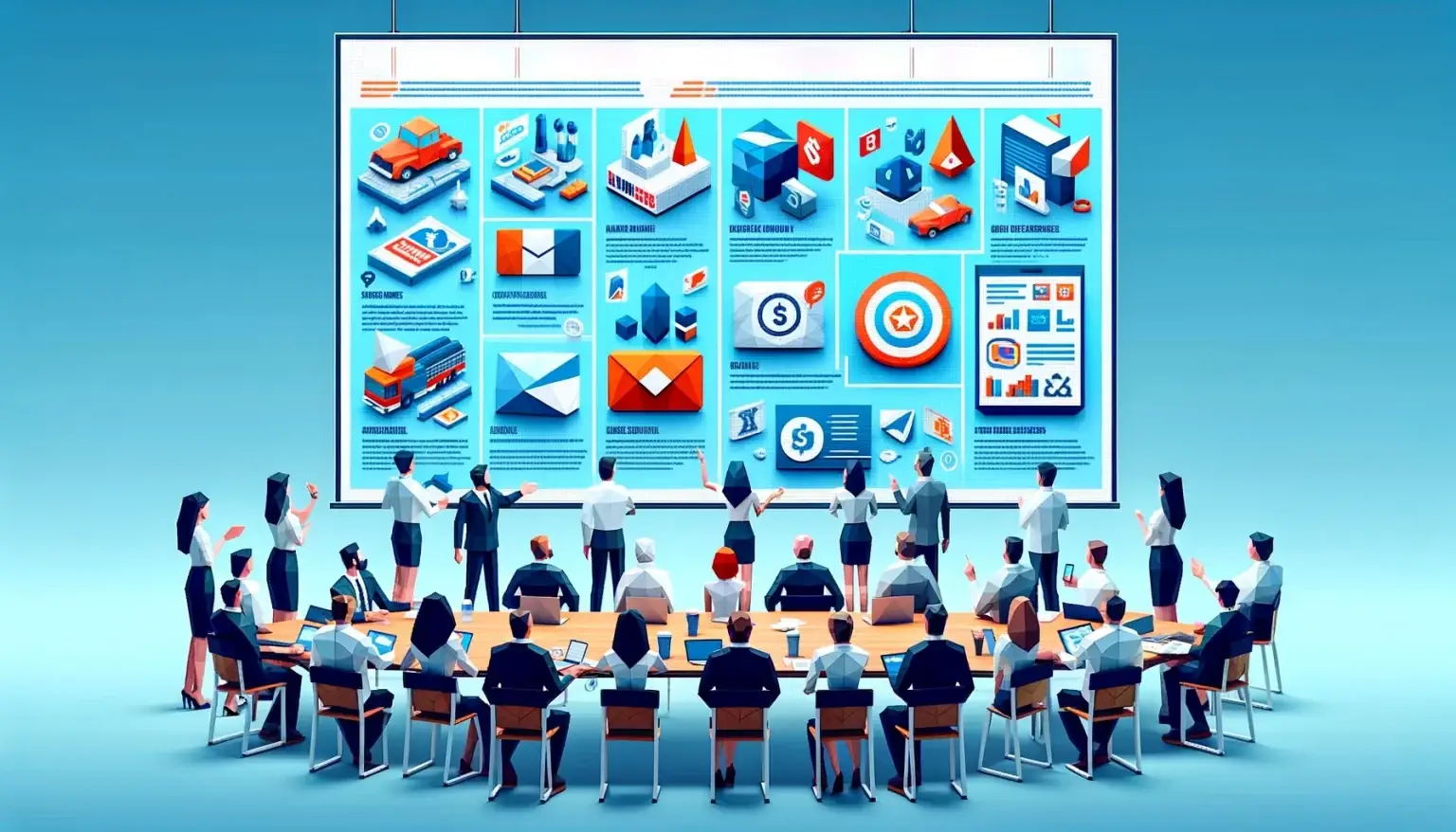 10 Most Effective Marketing Campaigns Of All Time And The Reasons Why. A group of marketing professionals in a low poly art style, gathered around a large digital screen displaying iconic marketing campaigns, each symbolized by distinct visual elements and accompanied by brief explanatory texts, against a light blue background symbolizing clarity and marketing success.