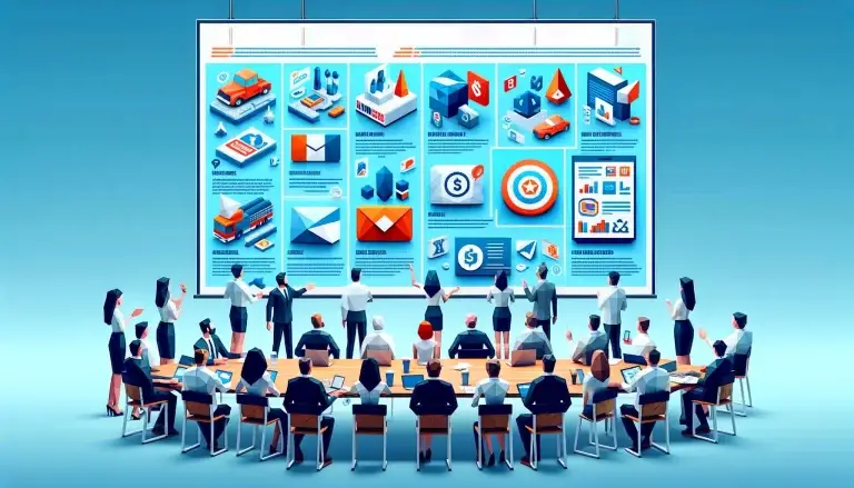 A group of marketing professionals in a low poly art style, gathered around a large digital screen displaying iconic marketing campaigns, each symbolized by distinct visual elements and accompanied by brief explanatory texts, against a light blue background symbolizing clarity and marketing success.