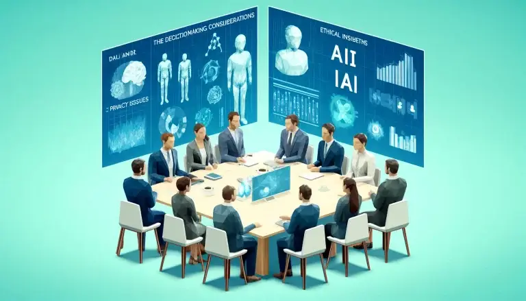 Low poly art of a diverse group of professionals seriously discussing AI ethical considerations at a conference table, surrounded by digital displays showing AI models and data charts highlighting privacy issues and bias, set against a light blue background symbolizing the depth of ethical challenges in AI.