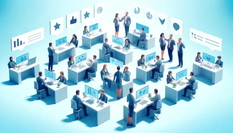 Low poly art of people in various customer interaction scenarios, including in-person discussions and digital communications, in a customer service setting with feedback displays, set against a light blue background symbolizing an open and communicative atmosphere.