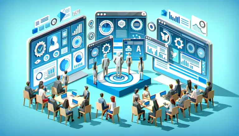 Low poly art of marketing professionals around digital displays featuring AI tools and software, managing real-time analytics and adjustments for consistent brand messaging, set against a light blue background symbolizing efficiency and streamlining.