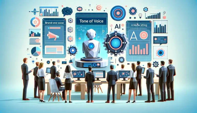 Low poly art of marketing professionals around screens and devices, watching as AI technology transforms brand tone of voice, set against a light blue background symbolizing the revolutionary changes AI brings to marketing.