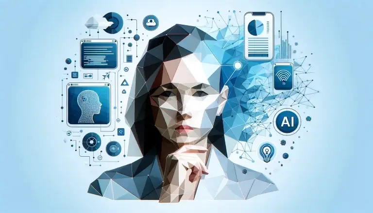 Low poly art of a person's face intertwined with digital screens displaying AI personalization strategies, reflecting deep engagement with data-driven technologies, set against a light blue background symbolizing the fusion of technology and personalized brand communication.