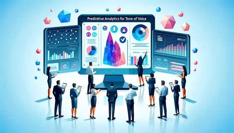 Low poly art of marketing professionals using advanced AI systems to analyze predictive analytics models on large screens, focusing on brand tone of voice, set against a light blue background symbolizing precision in analytics.