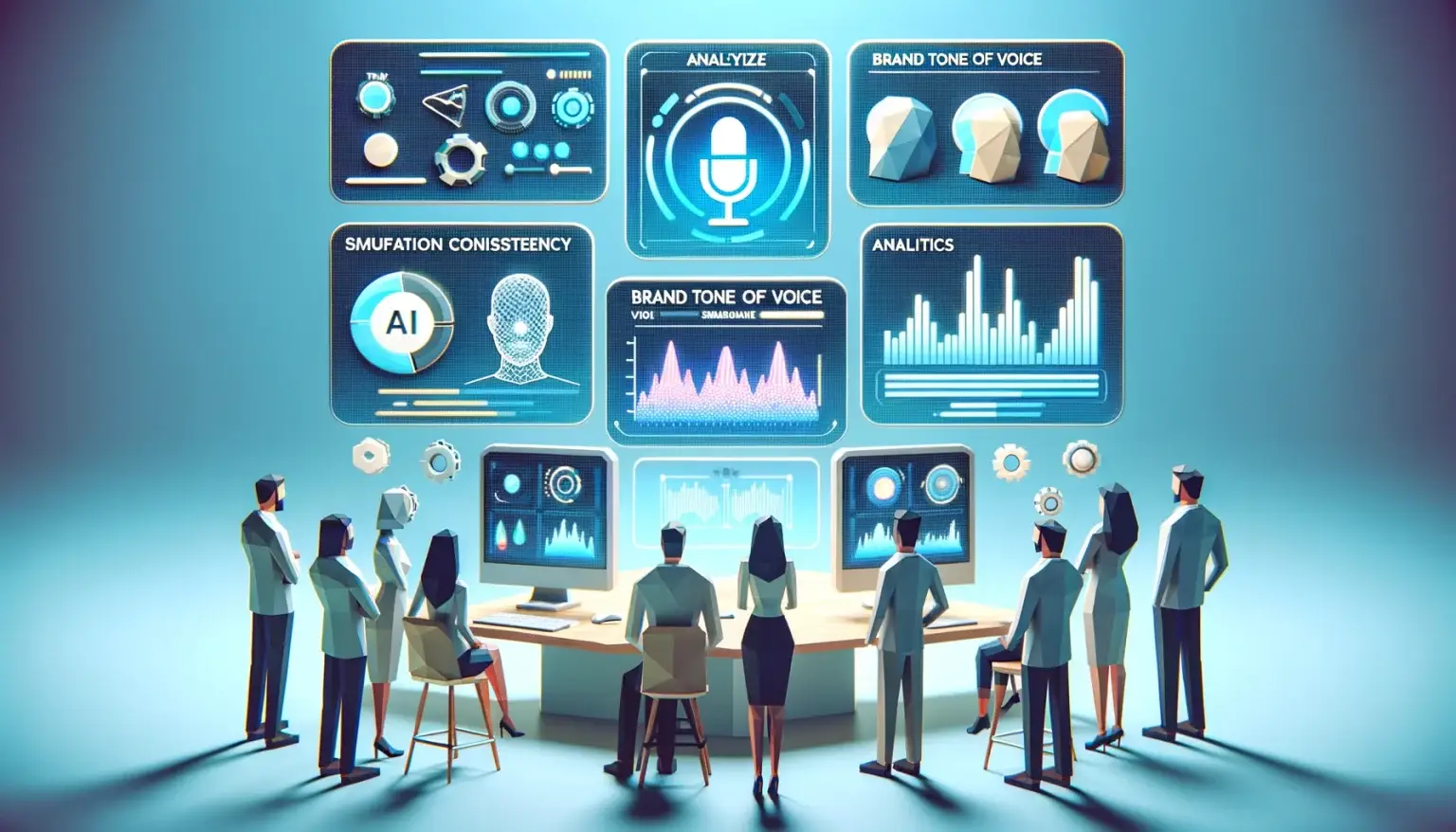 Low poly art of marketing professionals gathered around futuristic devices displaying AI-driven voice waveforms and text analytics, discussing enhancements in brand communication consistency and personalization, set against a light blue background symbolizing innovation in marketing.