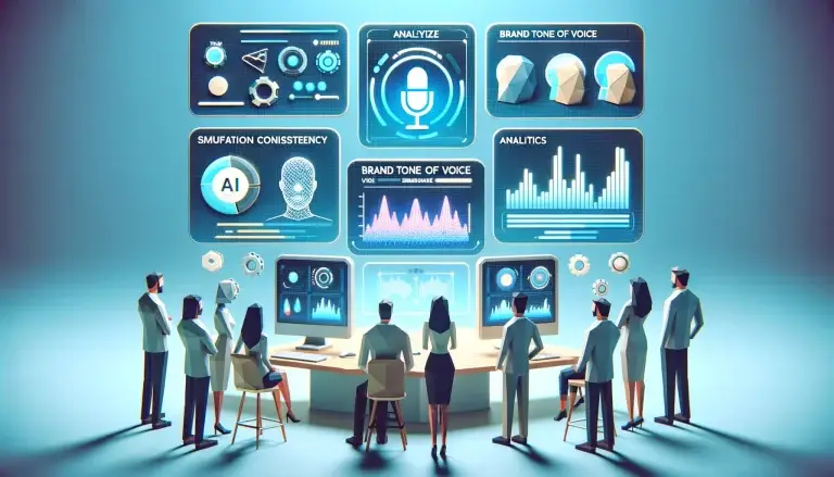 Low poly art of marketing professionals gathered around futuristic devices displaying AI-driven voice waveforms and text analytics, discussing enhancements in brand communication consistency and personalization, set against a light blue background symbolizing innovation in marketing.
