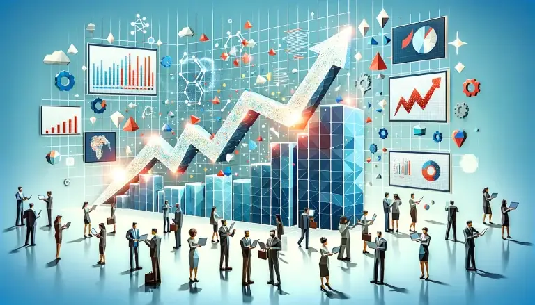 Low poly art of marketing professionals analyzing growth data on digital screens, with a dynamic upward graph symbolizing the rise of AI in marketing, set against a light blue background that conveys the innovative and futuristic outlook of AI technology.