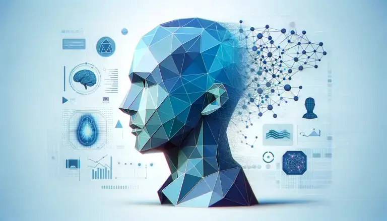 Low poly art of a marketing professional's face, interwoven with digital elements representing AI, reflecting a deep understanding of AI technology in marketing, set against a light blue background symbolizing clarity and insight.