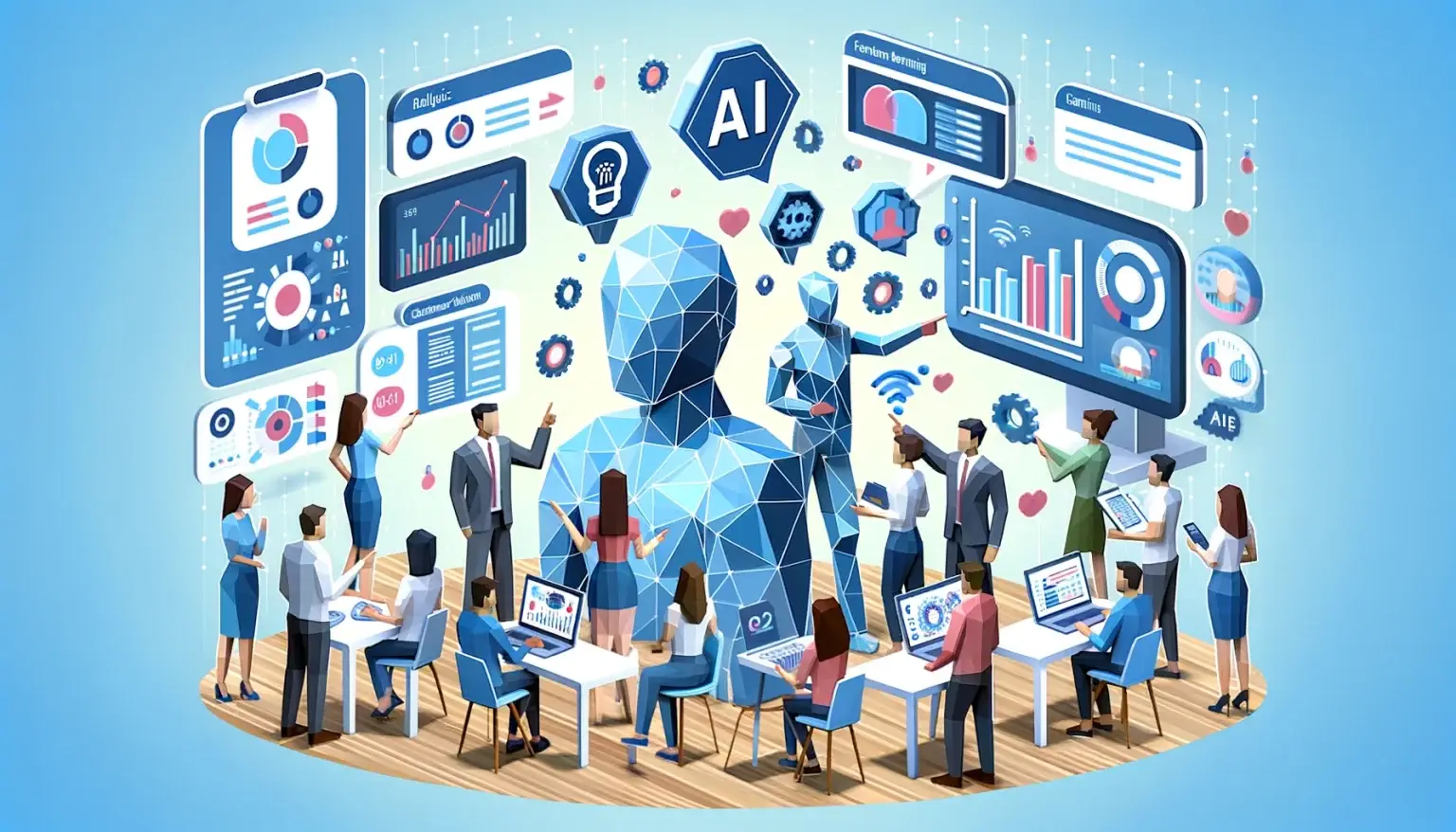 Low poly art of marketing professionals engaged around digital displays showing AI technology in action, with analytics and automated strategies, set against a light blue background symbolizing the innovative integration of AI in marketing.