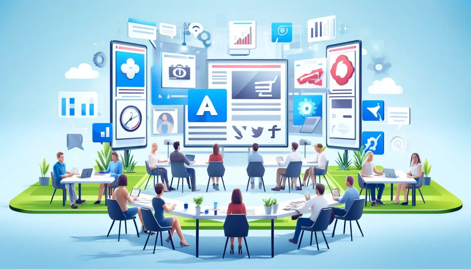 What is Contextual Advertising? Why It Is the Future of Digital Ads. Marketing professionals in a workshop setting viewing large digital displays that demonstrate contextual advertising, showcasing ads aligned with website content themes such as sports and fashion, set against a light blue background symbolizing clarity and relevance.