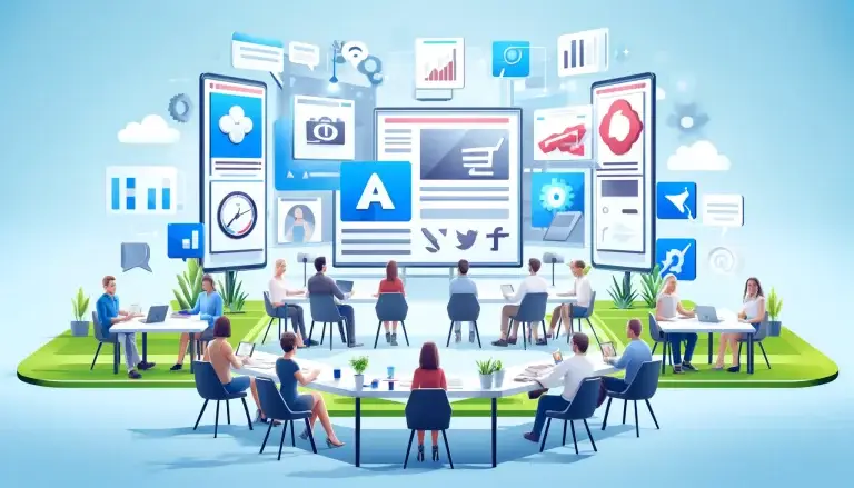 Marketing professionals in a workshop setting viewing large digital displays that demonstrate contextual advertising, showcasing ads aligned with website content themes such as sports and fashion, set against a light blue background symbolizing clarity and relevance.