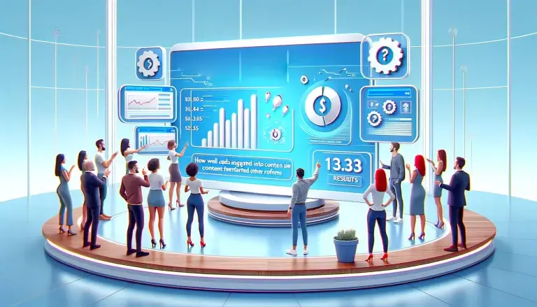 Marketing professionals in a futuristic setting, discussing success metrics of contextual advertising shown on advanced digital displays, highlighting its effectiveness compared to other advertising forms, set against a light blue background symbolizing innovation.