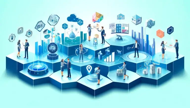 Low poly art featuring five sections, each illustrating a significant AI trend in marketing, with professionals interacting with technologies that forecast and influence marketing strategies, set against a light blue background symbolizing innovation.