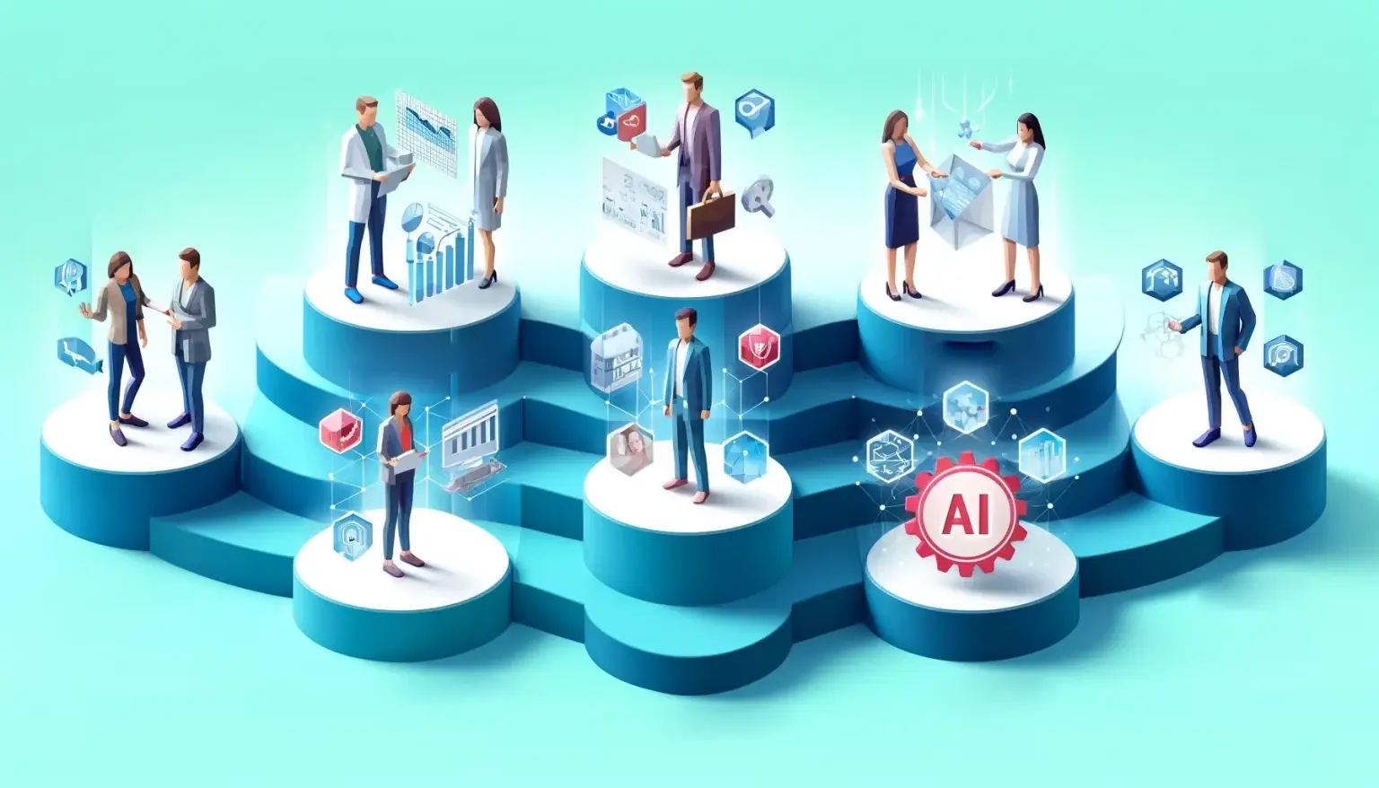 Low poly art depicting five distinct steps of AI integration in marketing, from data collection to predictive analytics, with professionals engaging with each step, set against a light blue background symbolizing innovation and strategic foresight.