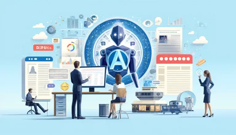 Low poly art of a professional adjusting settings on a large digital screen, which is creatively arranging text and images for content production, symbolizing AI's role in automating and innovating content creation, set against a light blue background denoting technological advancement.