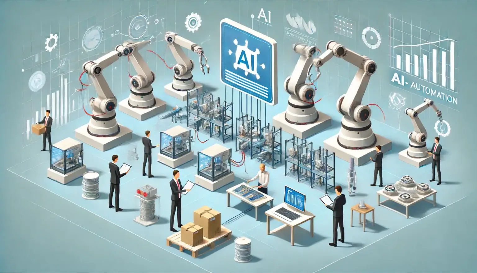 Low poly art depicting an industrial environment with robotic arms and automated machines, controlled by AI systems, performing tasks such as assembly and quality control, overseen by professionals, set against a light blue background that symbolizes technological integration.