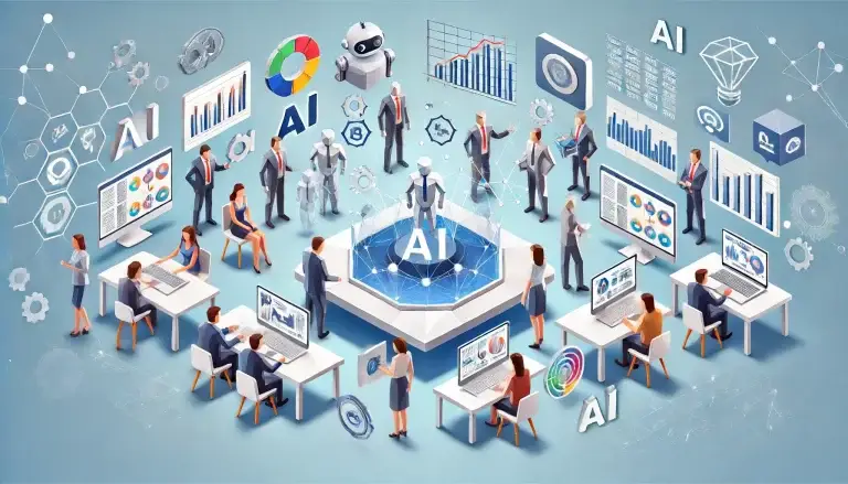 Low poly art of marketing professionals using a futuristic table with integrated AI systems for analytics and consumer insights, set against a light blue background symbolizing advanced technology in marketing.