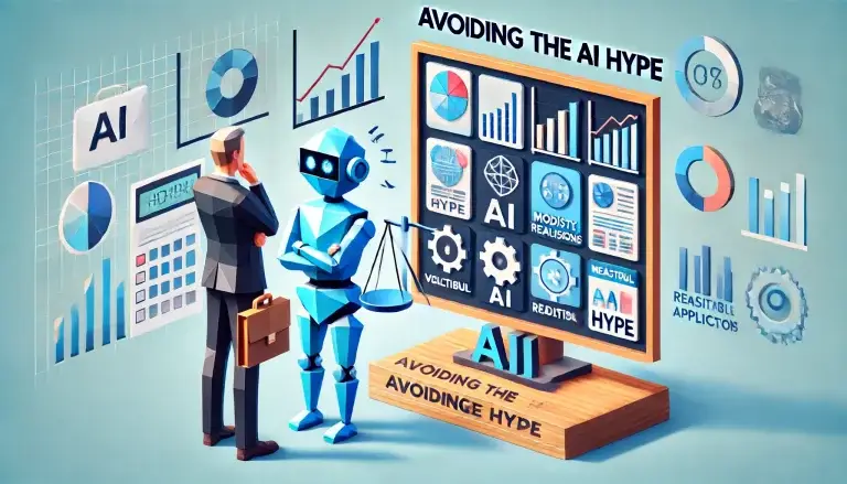 Low poly art of a marketing professional, depicted as a geometric shape, critically evaluating a digital display filled with flashy AI promises alongside modest, realistic AI applications, set against a light blue background symbolizing clarity and rational decision-making in AI adoption.