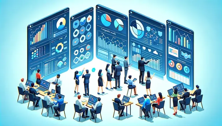 Low poly art of professionals examining large digital screens filled with data visualizations, including pie charts and spreadsheets, highlighting the thorough process of auditing different data aspects like customer and financial metrics, set against a light blue background that symbolizes analytical clarity.