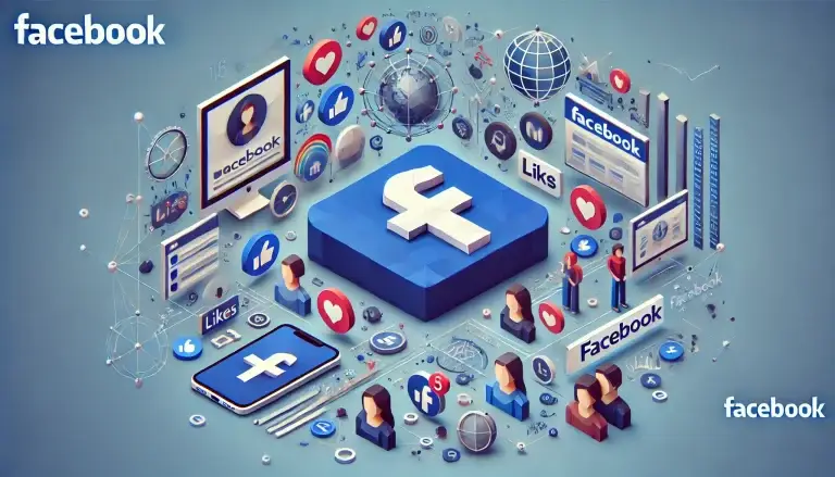 Low poly art image representing Facebook, featuring the iconic Facebook logo surrounded by elements like a smartphone, laptop displaying the Facebook interface, social media icons (likes, comments, shares), people interacting, and a globe, set against a light blue background.