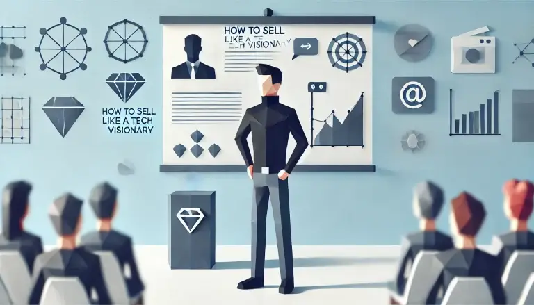 Low poly art of a character in a black turtleneck and jeans, standing confidently on a stage, presenting to an audience with minimalist and innovative elements, set against a light blue background symbolizing clarity and inspiration in tech presentations.