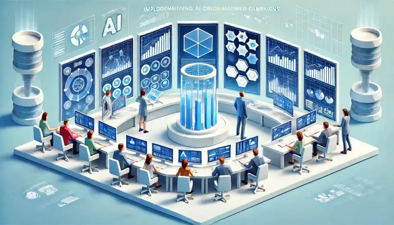 Low poly art of marketing professionals in a campaign command center, interacting with screens that display AI algorithms and analytics, set against a light blue background that symbolizes advanced AI-driven marketing strategies.
