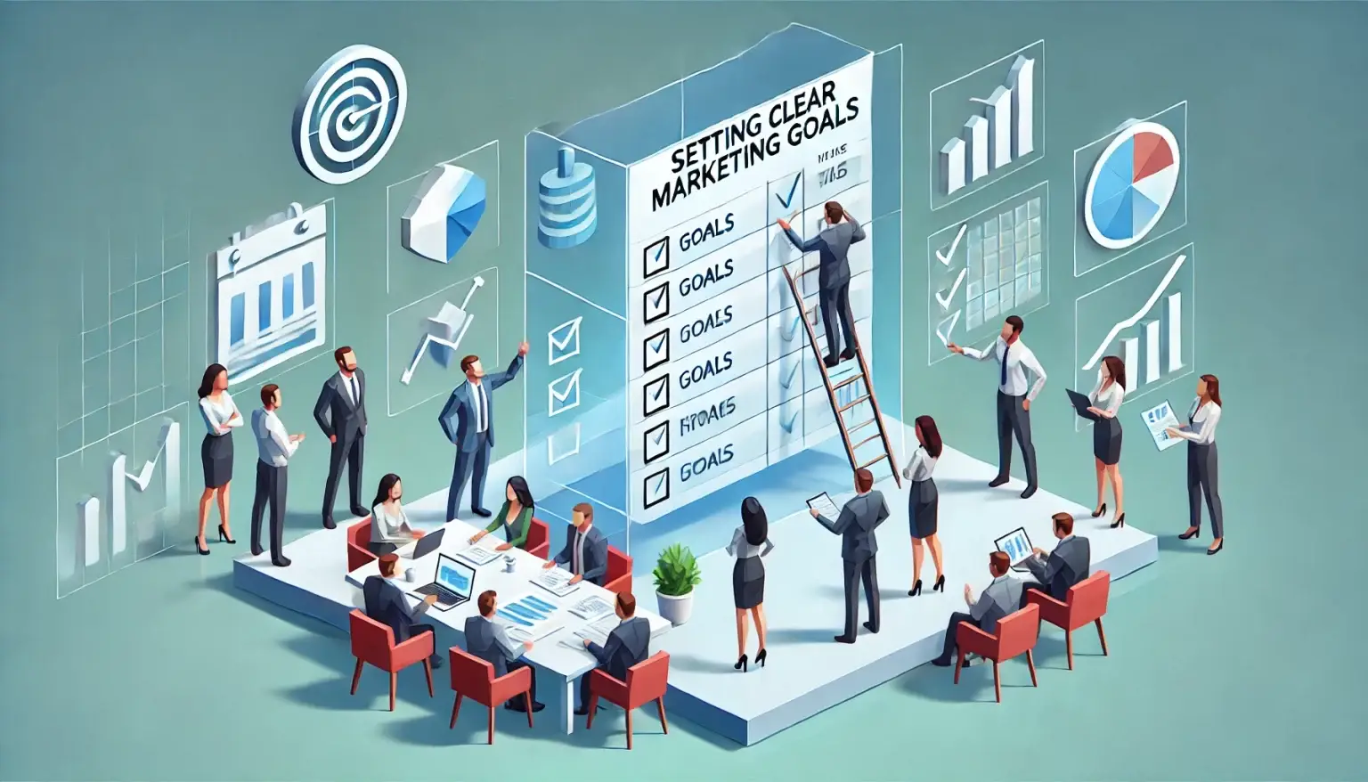 Low poly art of marketing professionals around a large clear board, interacting with goals and performance indicators, symbolizing their strategic planning and priority setting in marketing, set against a light blue background that highlights clarity and focus.