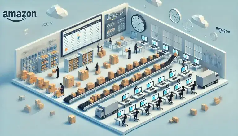 Low poly art of a bustling distribution center representing Amazon.com, with packages on conveyors and employees fulfilling orders, highlighted by digital screens and a minimalistic yet active setting, all set against a light blue background.