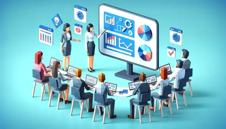 Low poly art of a marketing team gathered around a large digital display, learning modern marketing techniques and digital tools, with a trainer guiding the session, set against a light blue background that symbolizes a focus on education and development.
