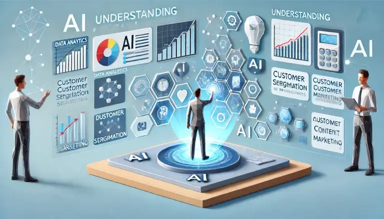 Low poly art of a marketing professional using a digital interface that displays AI-driven marketing tools and strategies, emphasizing how AI enhances various aspects of marketing, set against a light blue background symbolizing insight and understanding.
