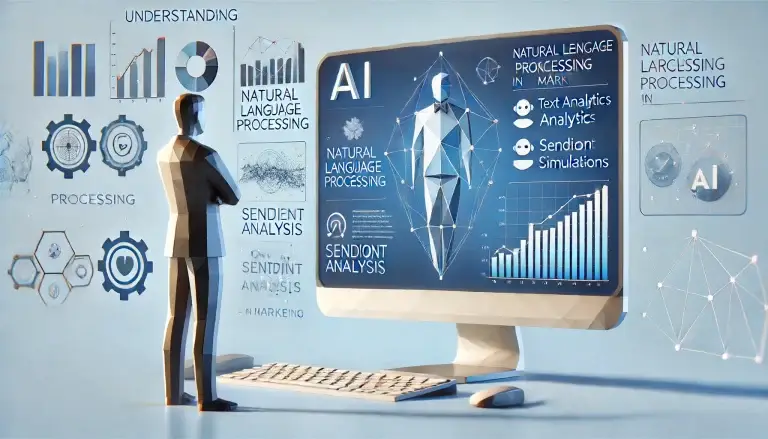 Low poly art of a marketing professional using a large digital display to interact with NLP technology, showing applications such as sentiment analysis and chatbot simulations, set against a light blue background that symbolizes the clarity and precision NLP brings to marketing.