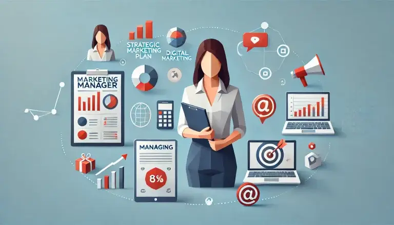 Low poly art image depicting a Marketing Manager's role, featuring a single female professional surrounded by elements like a strategic plan on a clipboard, digital marketing tools, and branding elements, against a light blue background.